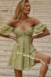 Lovers Gonna Love Puff Sleeve Lace Overlay Dress Sage